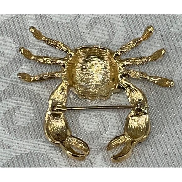 Gold-Tone Crab Brooch With Rhinestone Claws & Green Gem Eyes - Picture 3 of 3